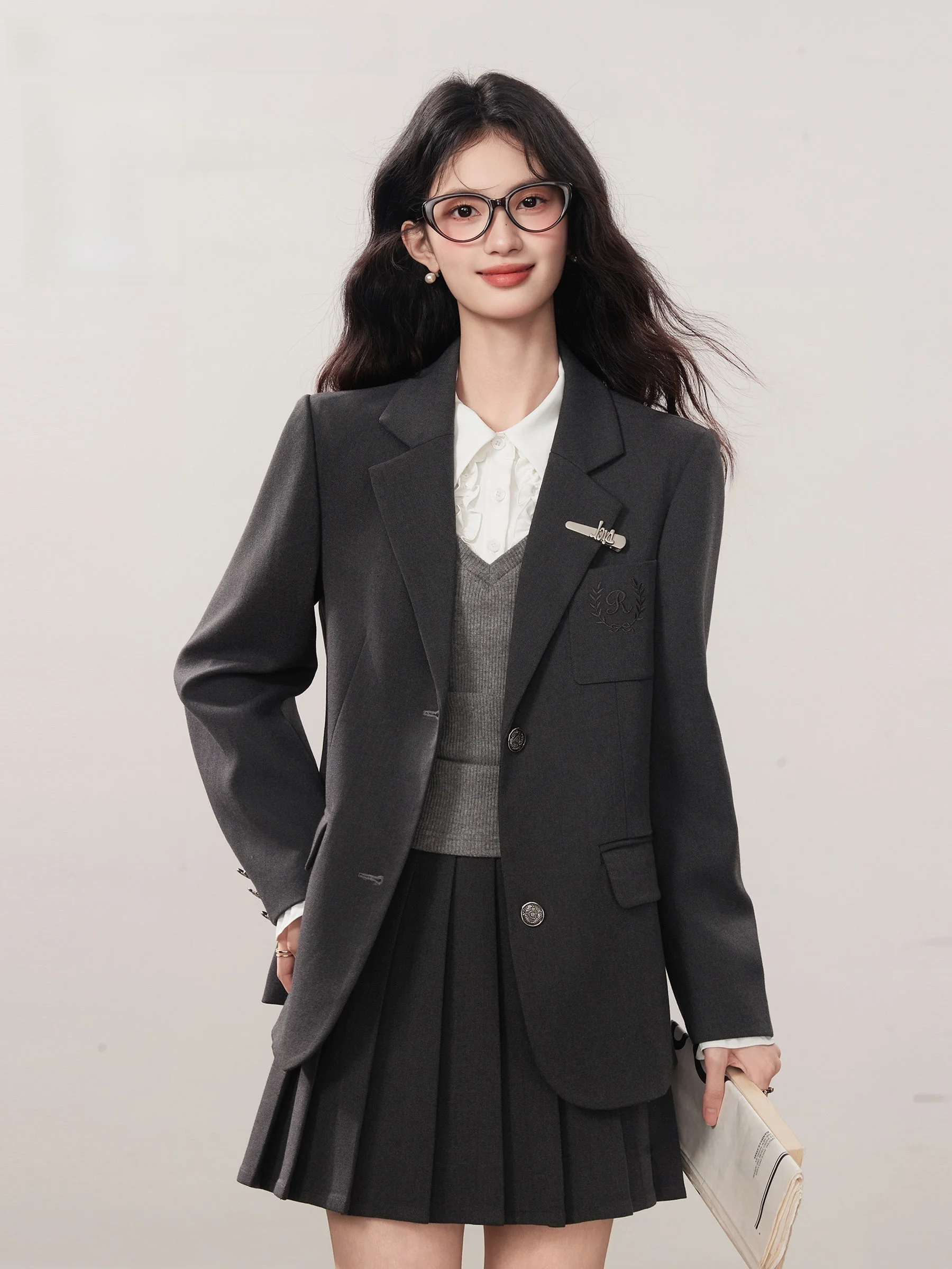

Gray Suit Set for Female University Students Interview Spring Ladies High-End Western Style Coat Loose Fit Commute Style Long...