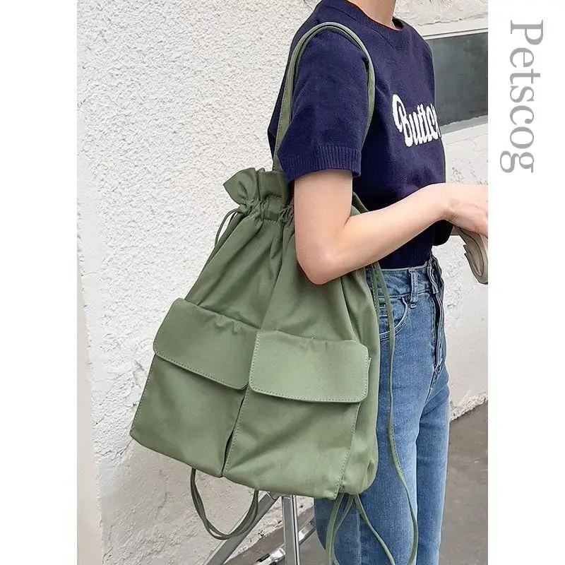 

Multifunction Canvas Shoulder Bags Unisex Large Capacity Solid Color Travel Tote Bag Casual Fashion Ladies Pleated Backpacks