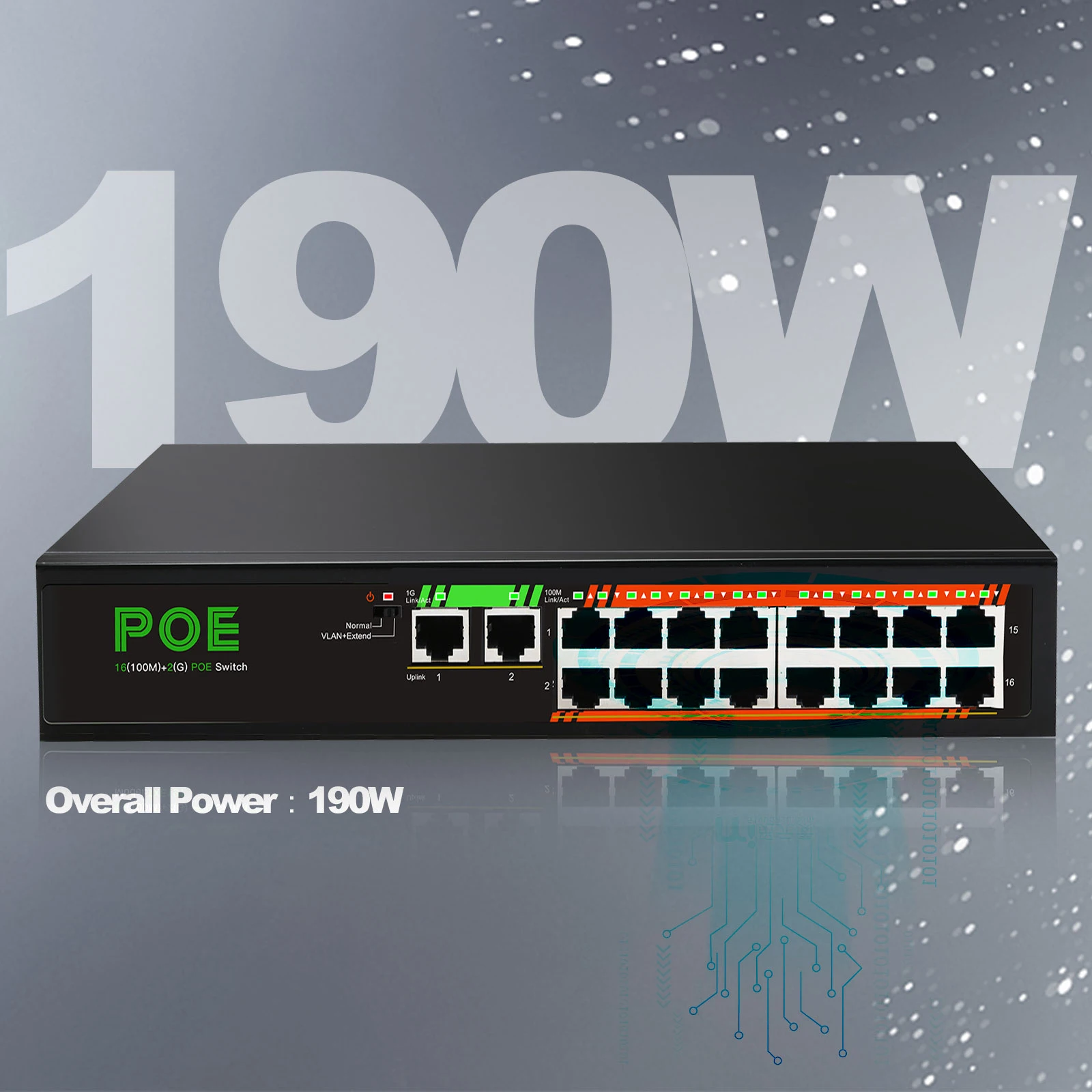 IENdepository-Commutateur Poe 1000 Mbps, réseau Ethernet Gigabit, 16 ports, PoE + 2 ports, alimentation 52V pour caméra IP, routeur WiFi