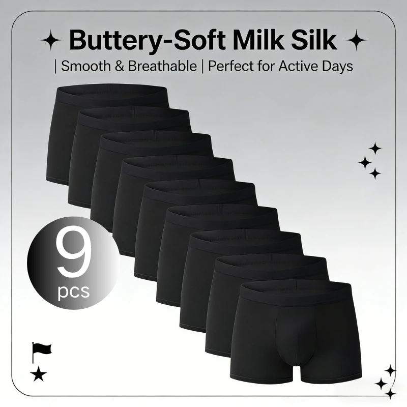 Men's 9-Pack Solid Black Boxers Buttery-Soft Breathable Daily Underwear Comfort Stretch Casual Trunks Boys Teenagers Boxers Pack