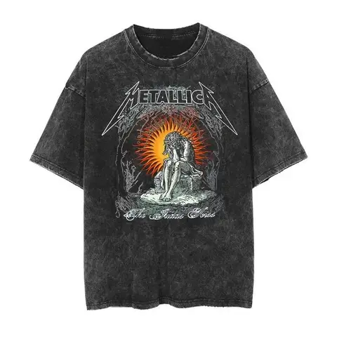 2026 and men women Classic washed T-shirt featuring the Metallica rock band Suitable for high-end luxurious outfits clothes