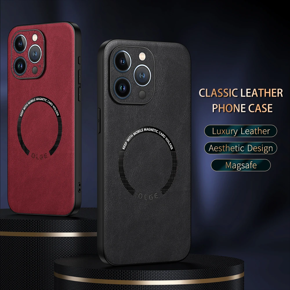 

OLGE Luxury Outstanding Texture Classic Leather Case for iPhone 15 Pro Max 11 12 13 Pro 14 Plus Wireless Charging Magnetic Case