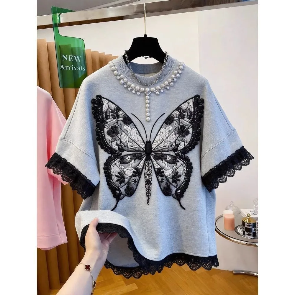 Luxury Beaded Embroidery T-shirt Aesthetic Women Top Harajuku Original Design Top Gray Summer Tshirt Butterfly Tops Clothes