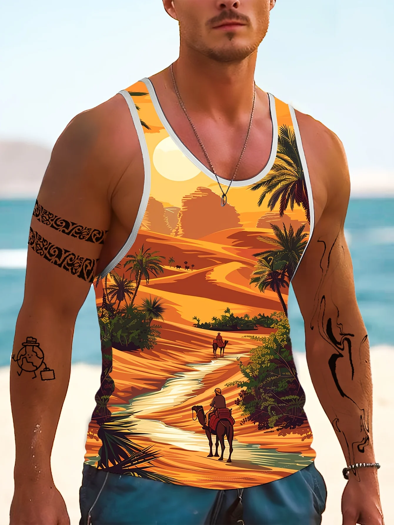 Men's Yellow Desert Camel Palm Tree Print Tank