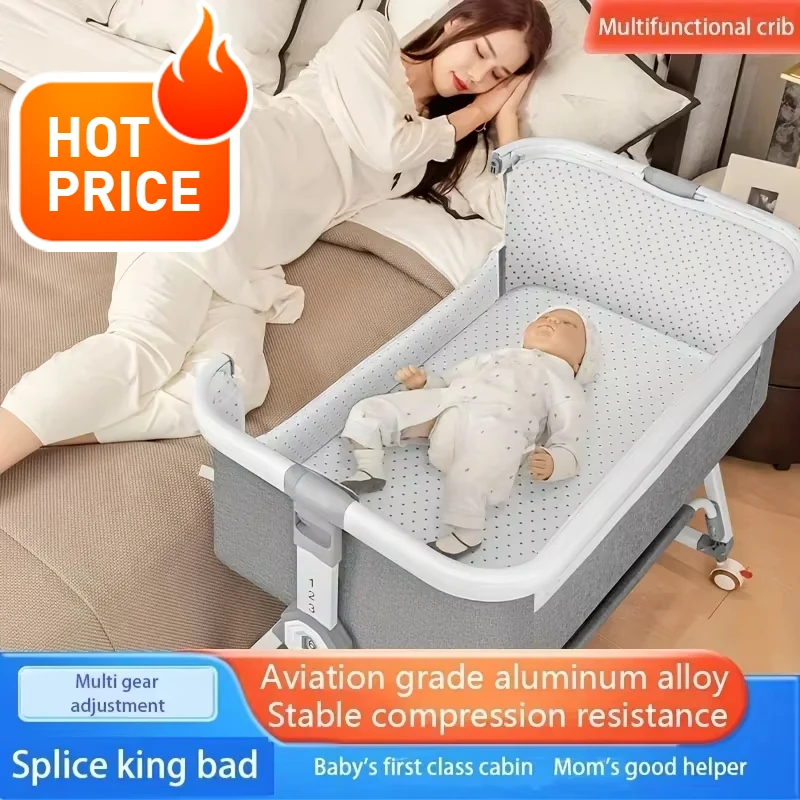 1pc Multi Functional Baby Crib with Foldable Height Adjustment Splicing Portable and Movable Bedside Swing, Cradle, Sleeping Bed