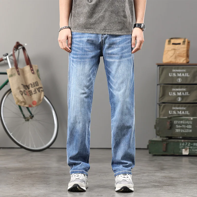 

Summer New Style Light Blue Stretch Men's Jeans Thin Straight Leg Loose Fashionable Men's Jeans Large Size 42 44