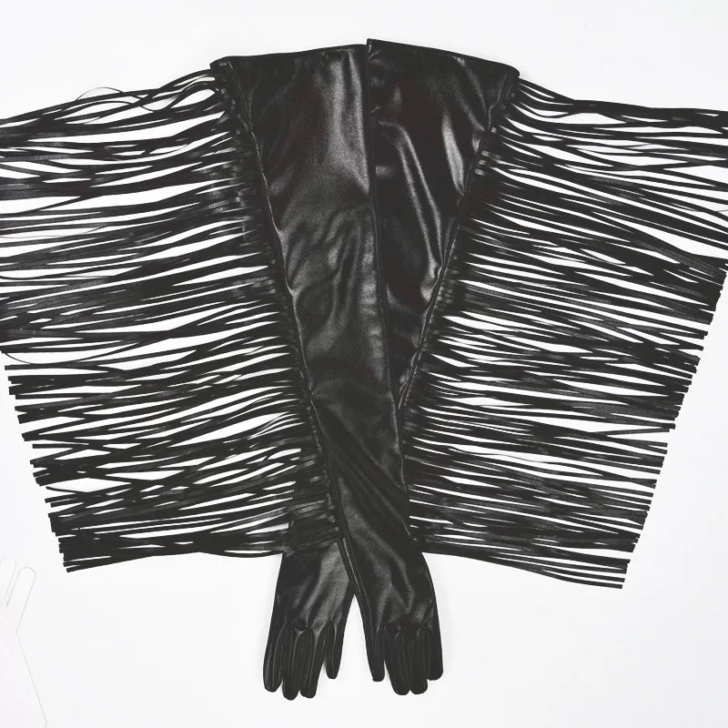 

Черные эмуляционные кожаные удлиненные женские сексуальные перчатки с бахромой и кисточками на полный палец, аксессуары для косплея на Хэллоуин