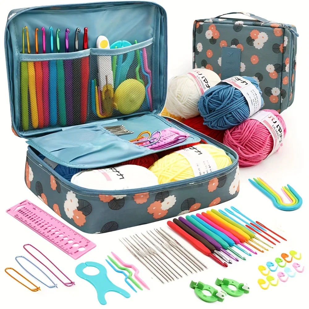 Only bag 1pc Flowers Printing Storage Bag Crochet Full Set Of Weaving Tools Accessories Storage Bag Cosmetic Bag Blue