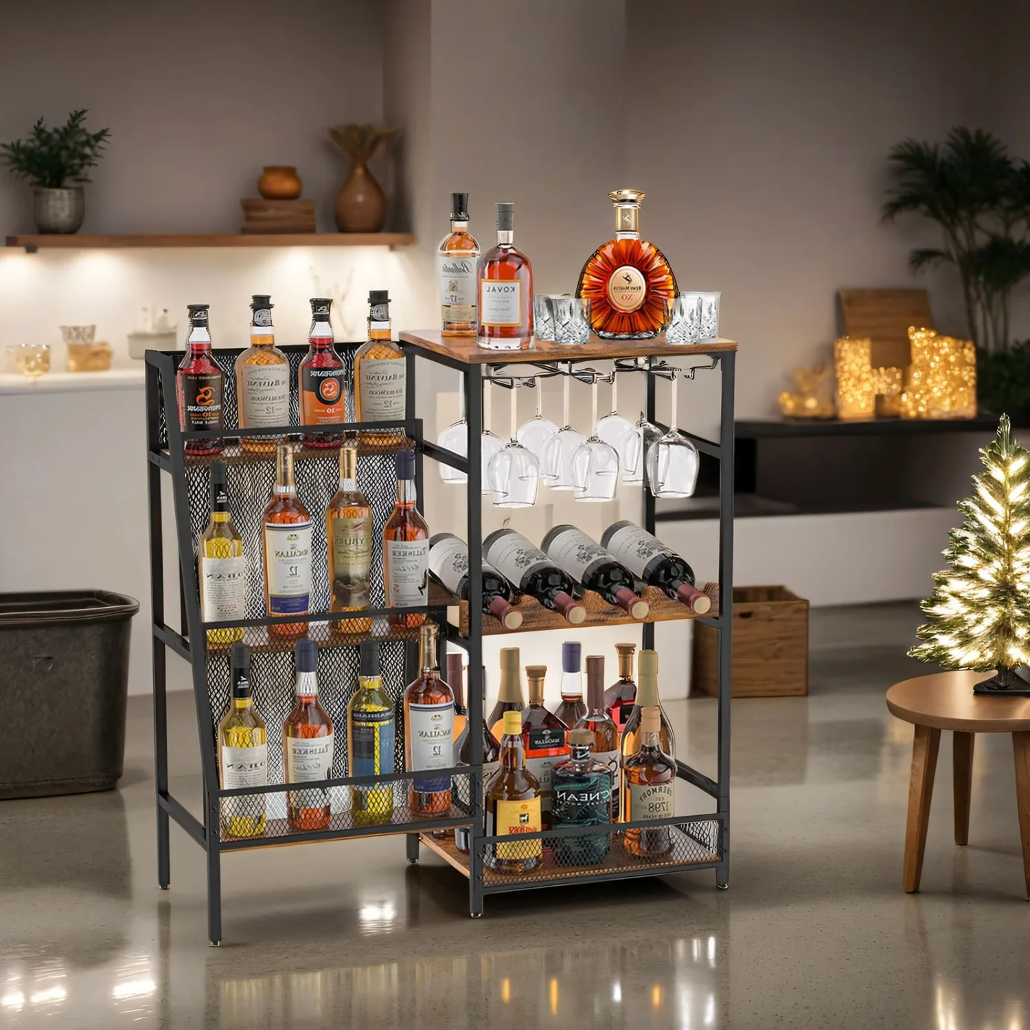 Versatile Liquor Stand for Home Bar, Wine Rack Freestanding Floor, Mini Bar Table for Liquor Whiskey Wine, 3-Tier Trapezoidal Li