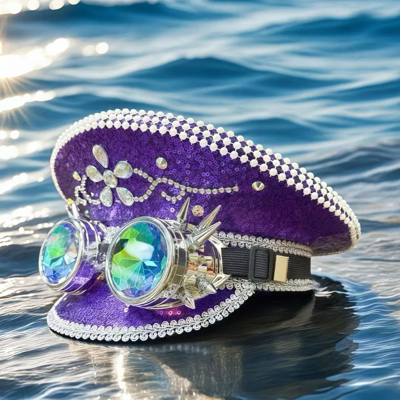 

HongLuan фиолетовая шляпа капитана в стиле стимпанк со стразами и очками для фестиваля Burning Man для женщин, военные аксессуары и кепка для мужчин