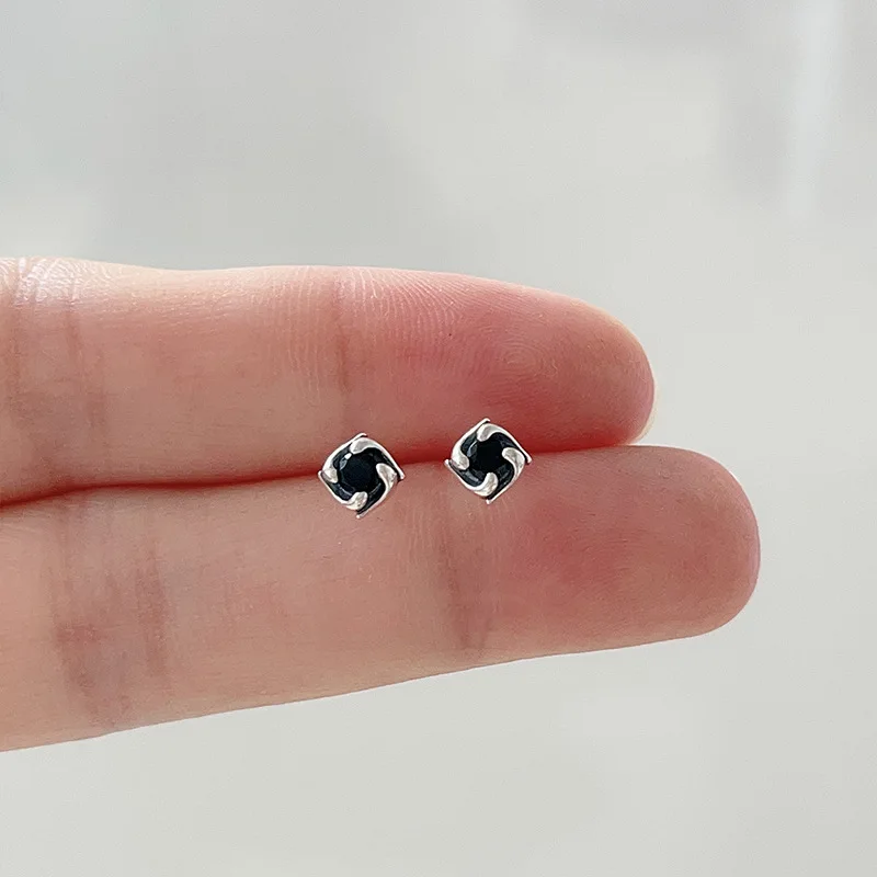 Mini Personality 925 Sterling Silver Square Black Crystal Stud Earrings for Woman Men Korean Designer Hip-hop Rock Jewelry Gifts