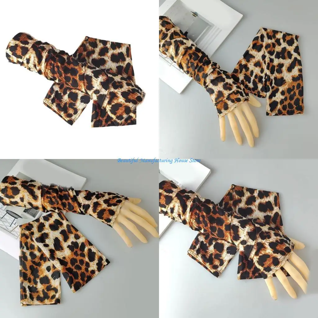 E56A Trendy Arm Sleeves Long Gloves with Leopard Pattern Stretchy Sunproof Arm Cover