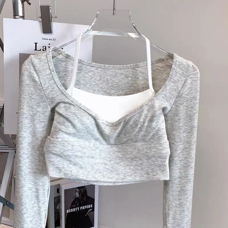 Damen Yoga-Top mit eckigem Ausschnitt, langen Ärmeln, integriertem BH, „Naked-Feeling“, Kontrastfarben, schmaler Passform, atmungsaktiv, Fitness-Workout-Crop-Top – Detail 7