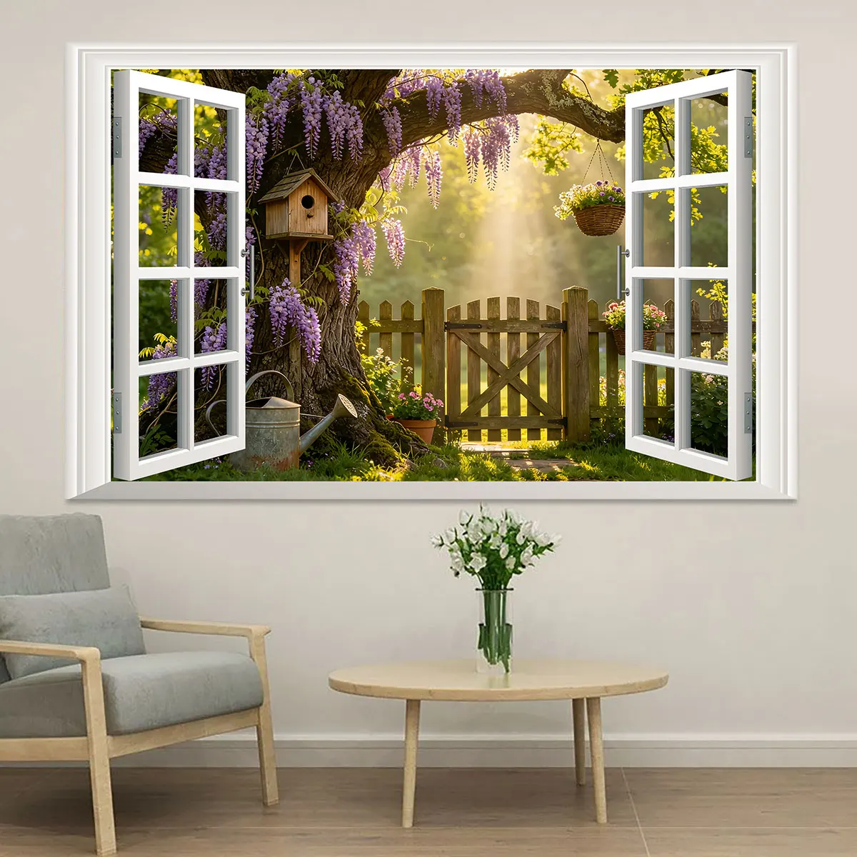 1pc Wisteria Courtyard Scenery 3D Faux Window Wall Sticker Self Adhesive Wallpaper For Bedroom Living Room Fresh Garden Wall