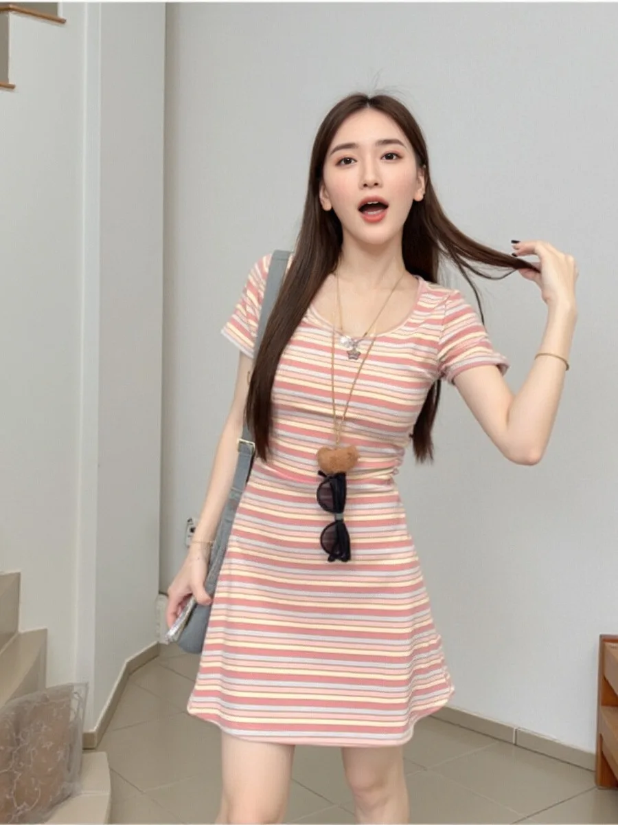 Été nouveau T-shirt mi-long Dr femmes ort-save coupe ajustée taille couchée rayé Faionable trajet Sle Dr