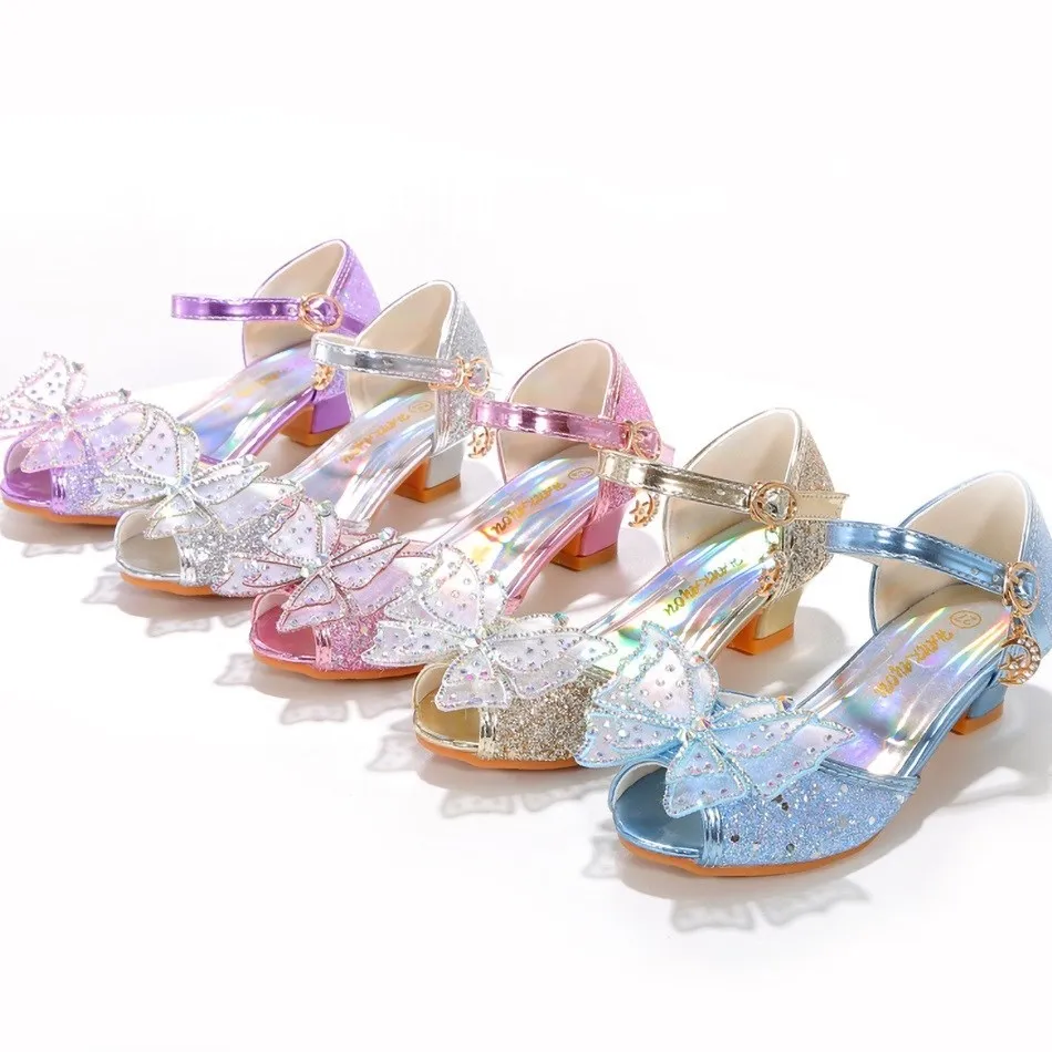 Cinderella Shoes for Girls Heel Kids Princess Dress Party Leather Wedges Children Butterfly Slip On Wedding Ballerina Flats