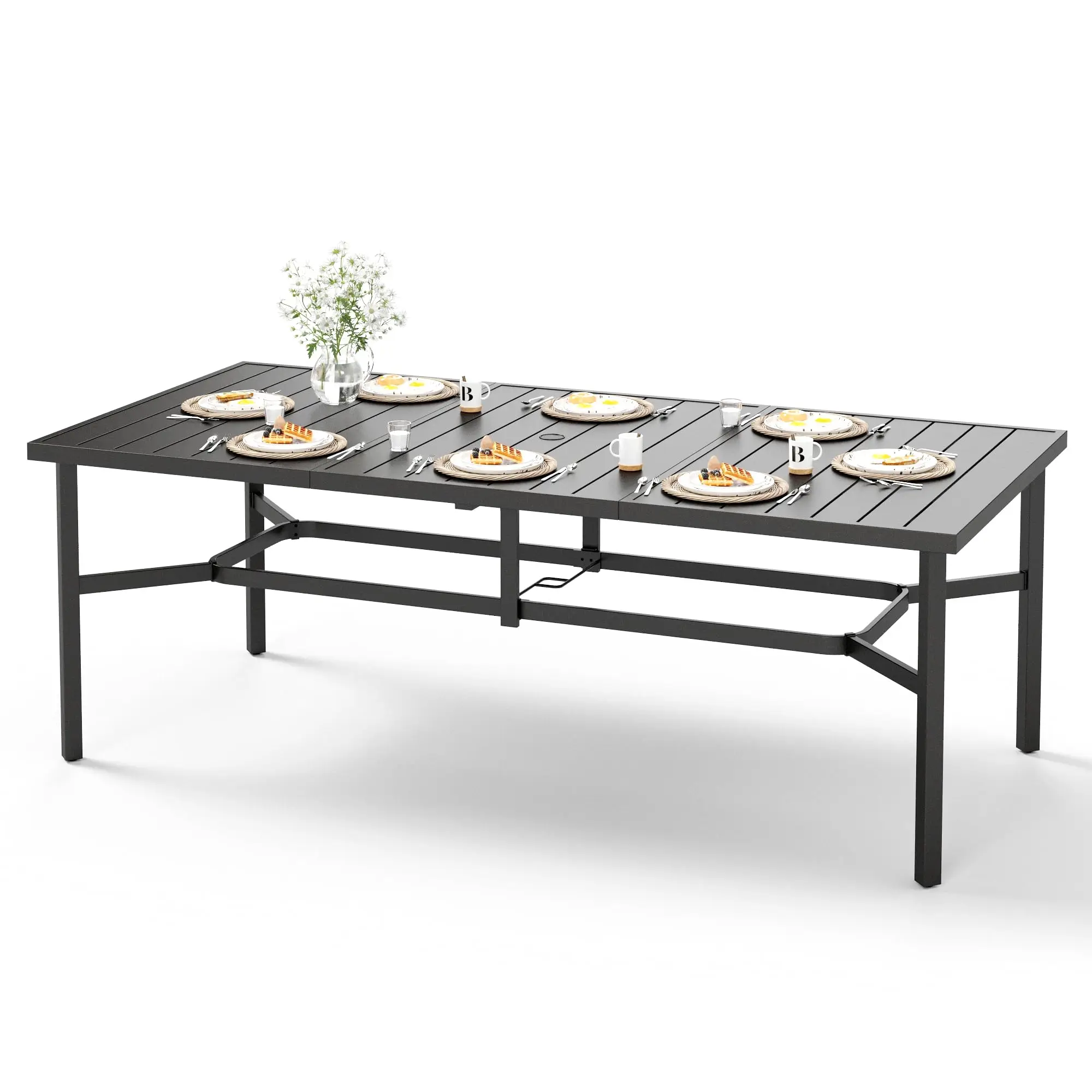 Outdoor Dining Table for 8, Black Metal Table w/Umbrella Hole | 83