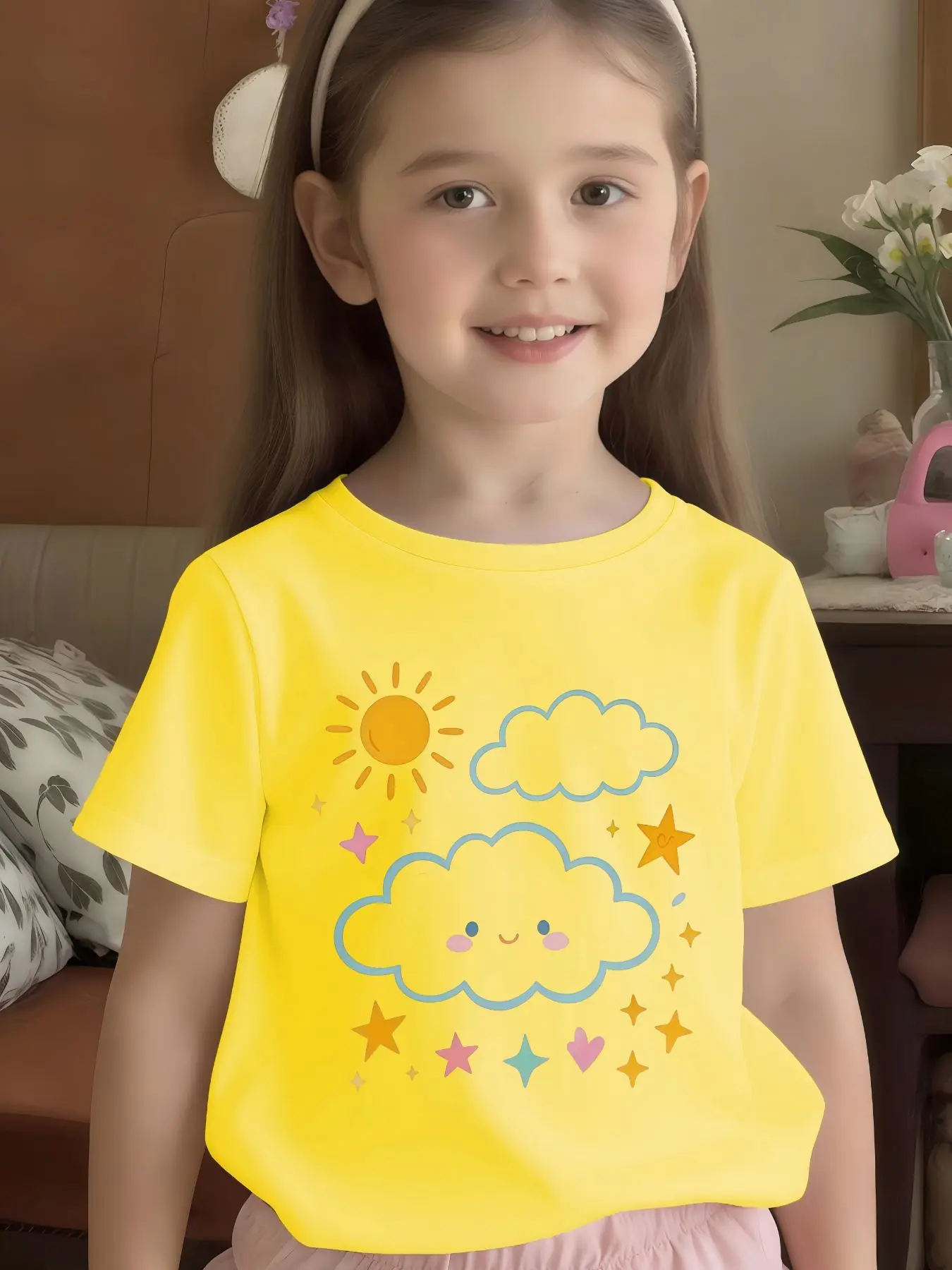 Smiling Cloud Sun Star Heart Print Kids T Shirt Boys Girls Family Match Cotton Short Sleeve Summer Daily Casual Clothes