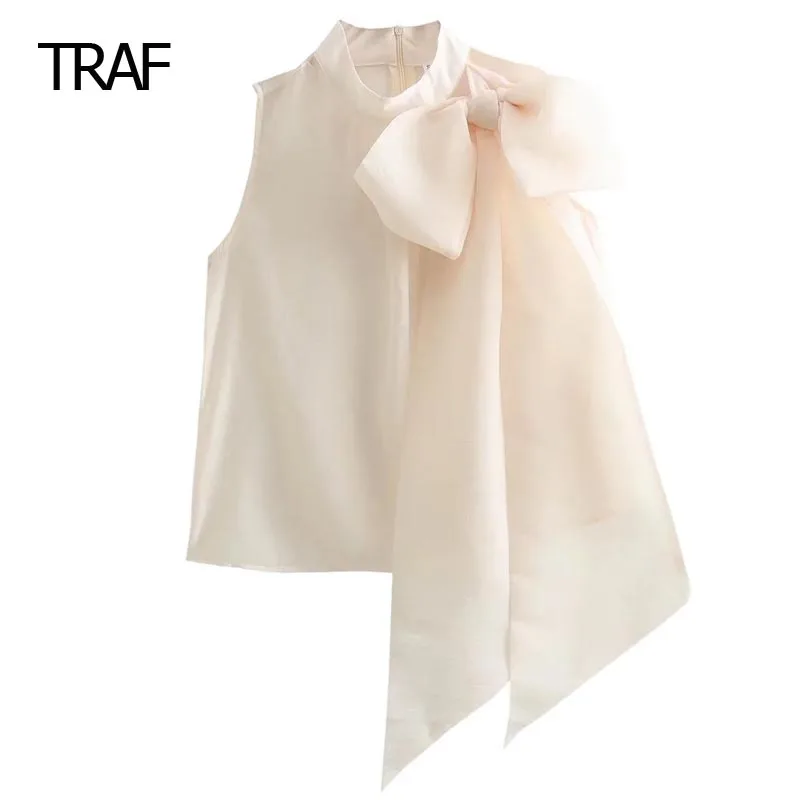 TRAF Cropped Bow Vest Women Top Autumn Off White Ruffled O-Neck Sleeveless Vest Korean Style Vest Elegant And Youth Woman Tops