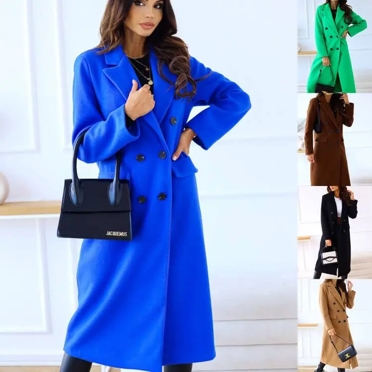 EABY Best Selling Women's Woolen Coat Long Sleeve Notch Collar Button up Autumn Winter Simple Double Breasted Outerwear