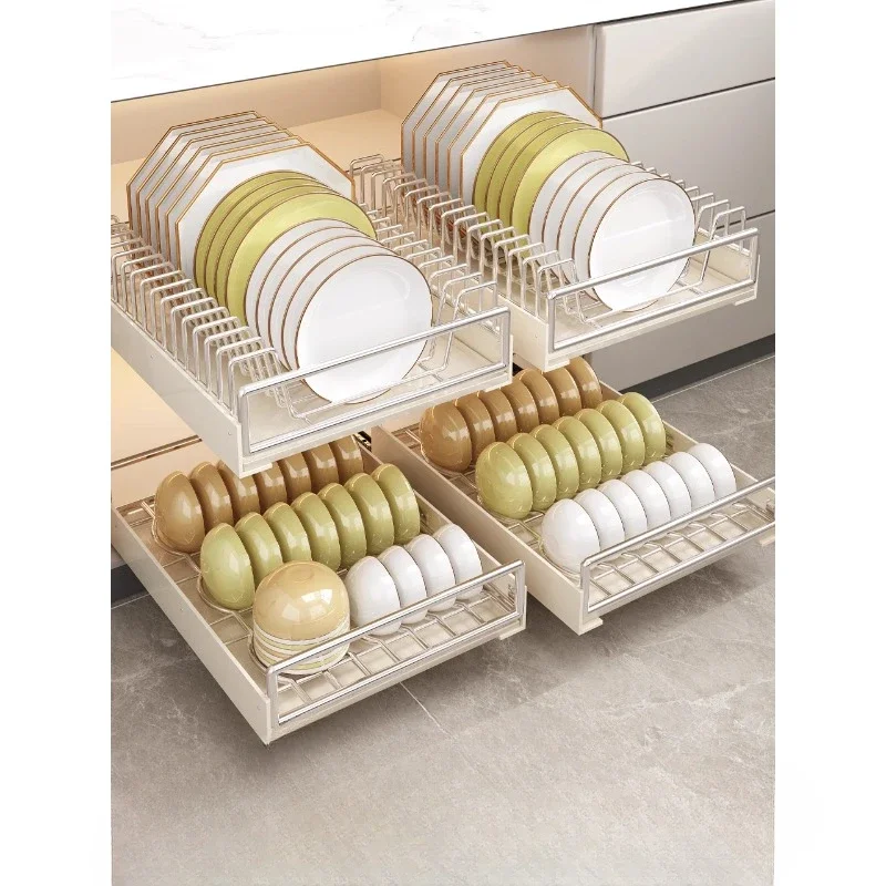 

Pulling basket kitchen cabinet, stainless steel double-layer drawer type dishes household dishes, draining storage racks