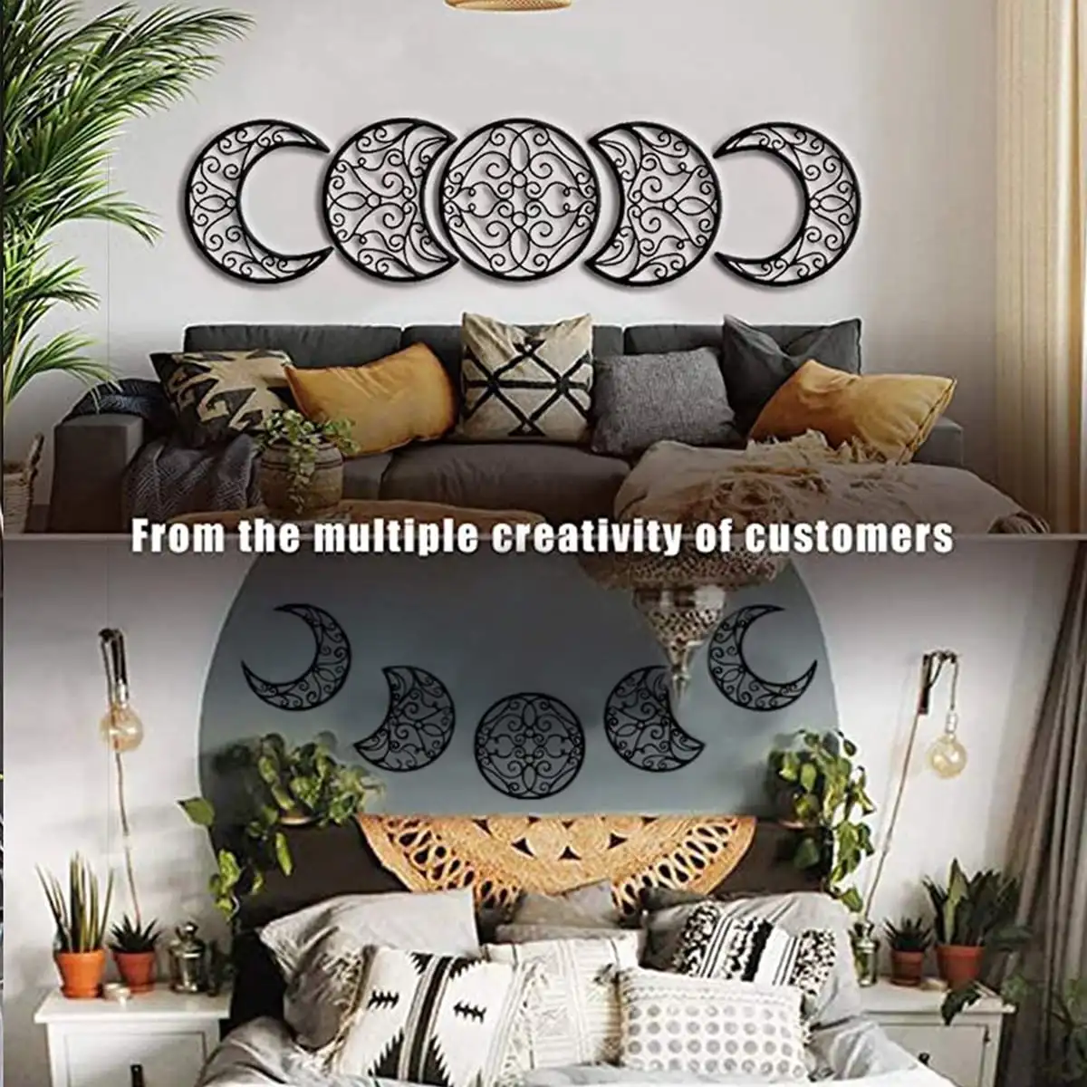 5‑Pack Black Wood Moon Phase Wall Decor, 3D Nordic Spiritual Wall‑Mounted Ornaments for Bedroom & Christmas Home Decoration