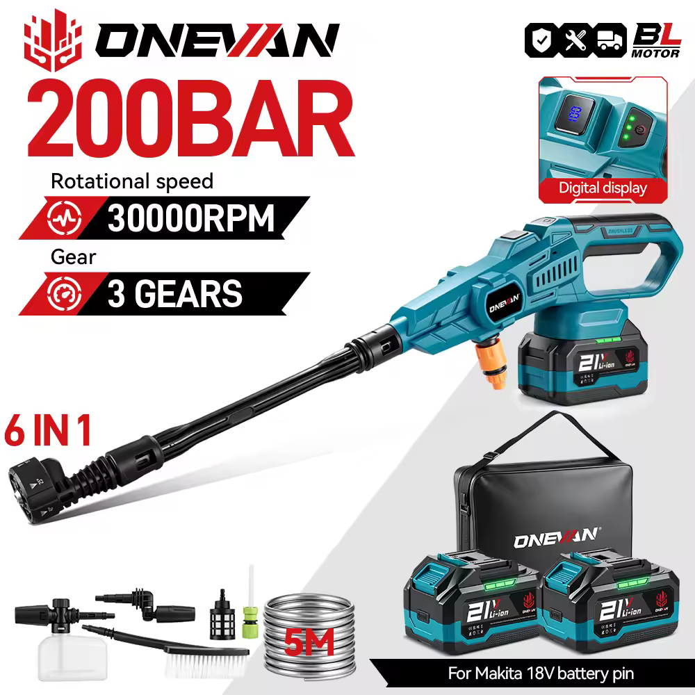 ONEVAN 200Bar Brushless High Pressure Washer Gun 3500W 6in1 Cordless Spray Gun Car Garden Washer Tool For Makita 18V Battery Pin