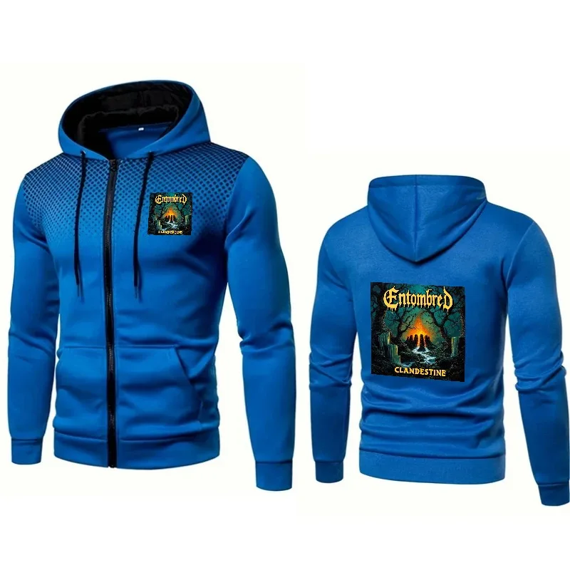 

Men's Hooded Jacket Blue Entombed Clans of the North Printed Metal Music Band Design Casual Streetwear for Fans