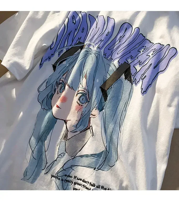 Camiseta con estampado de Anime Harajuku para mujer, camisetas holgadas de manga corta Y2k estéticas Kawaii, camiseta de gran tamaño a la moda