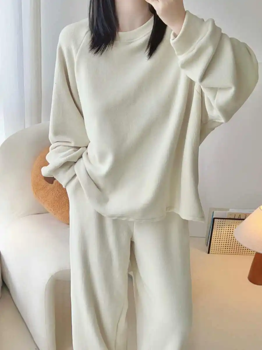 Conjunto de ropa de ocio para mujer, sudadera de manga larga con cuello redondo, Tops y pantalones cálidos, 2 piezas, Color albaricoque, Otoño e Invierno