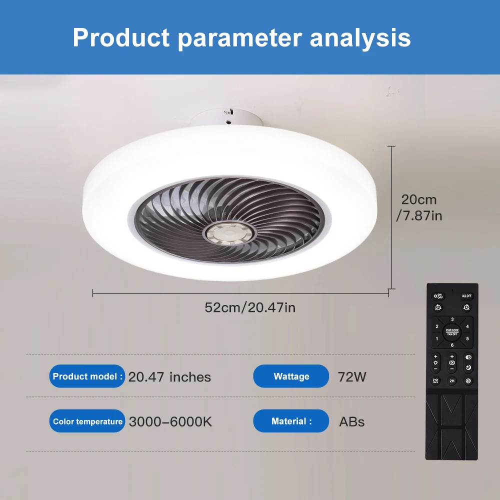 Slimme plafondventilator, ventilatoren met verlichting, afstandsbediening, slaapkamerdecoratie, ventilatorlamp, 52 cm lucht, onzichtbare bladen, stil