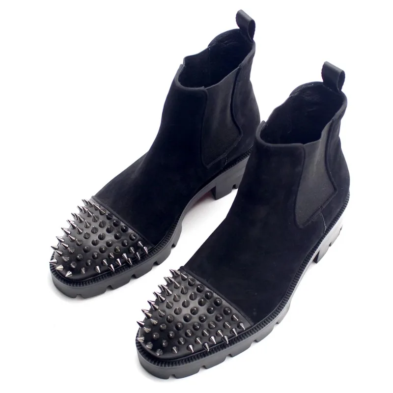 

Новые модные ботинки ручной работы из натуральной кожи с квадратным носком, мужская обувь, увеличивающая рост, ботинки челси из воловьей кожи с заклепками на толстой подошве