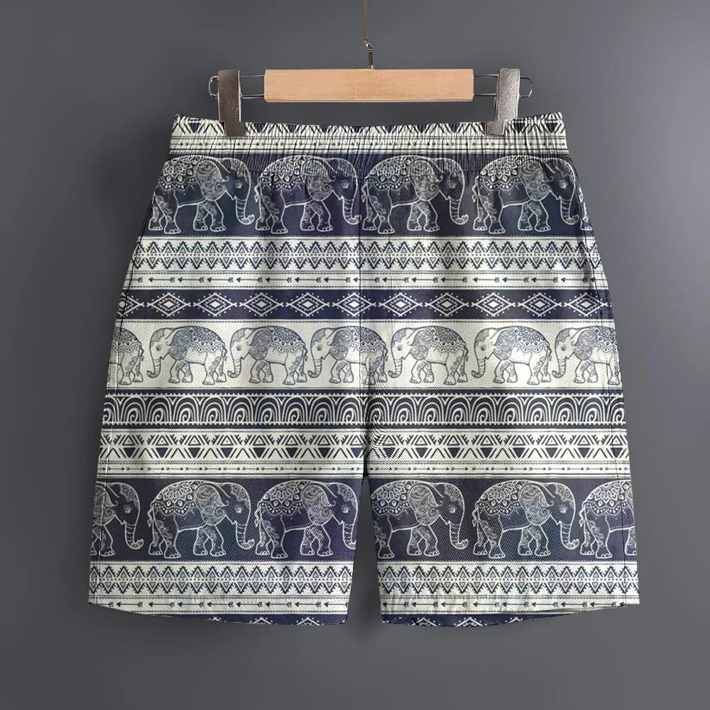 Ethnic Elephant Geometric Print Boardshorts Unisex for Men, Teens Quick Dry Loose Fit Casual Daily Summer Swim Shorts