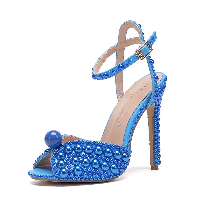 

2026 mouth high heels thin heel shallow mouth rhinestones, pearl women's single shoes wedding dress bridal wedding shoes