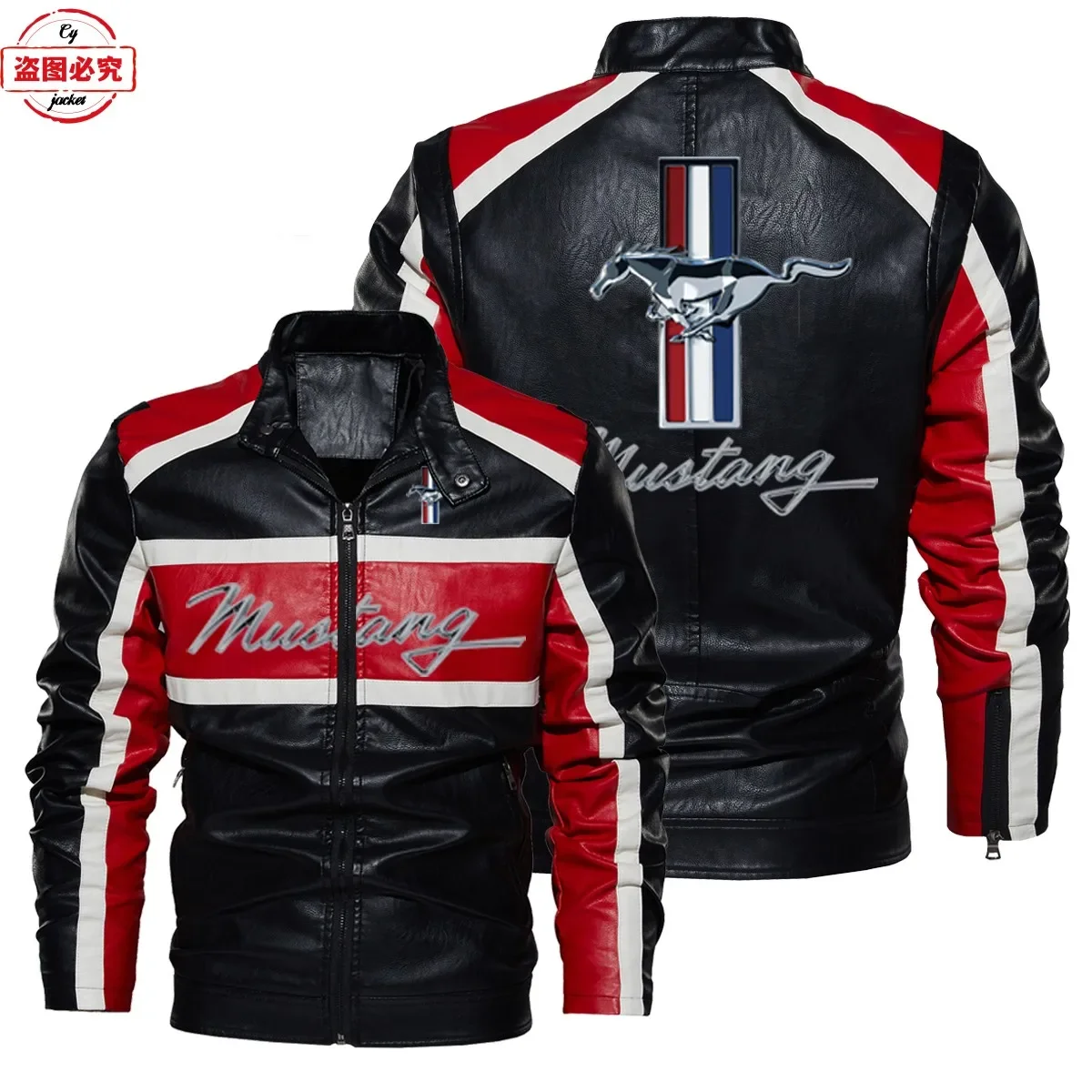 Ford Mustang LOGO washed pu leather jacket windproof spring and autumn contrasting color men's jacket team racing suit