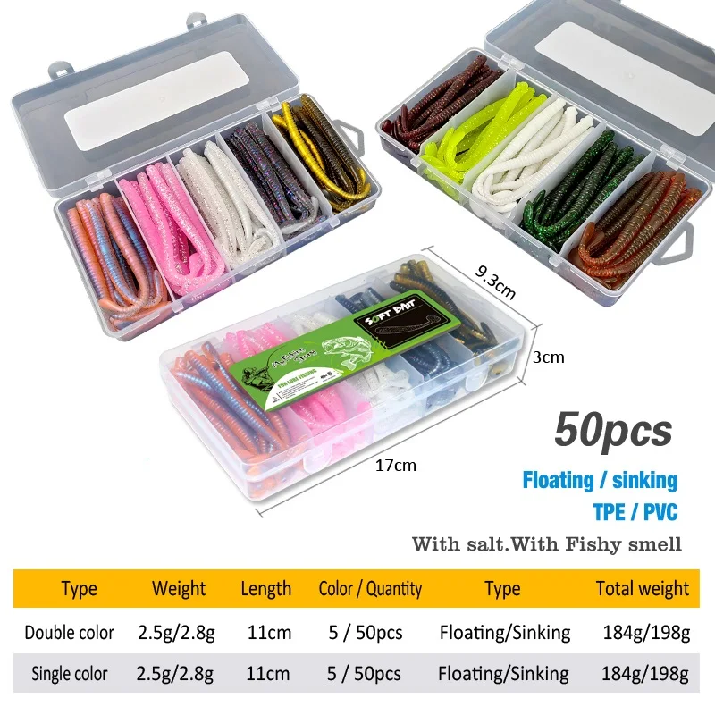 50pcs Fishing Lures Set Floating Slug Lure Sinking Earthworm Soft Artificial Silicone Bait Sea Wobbler Worm Bait All for Fishing