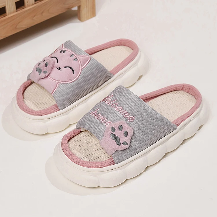 Leinen Casual Hausschuhe Frauen Haus Plattform Niedlichen Cartoon Katze Designer Schuhe Mädchen Flache Mode Elegante Schuhe Indoor Große Größe – Detail 15