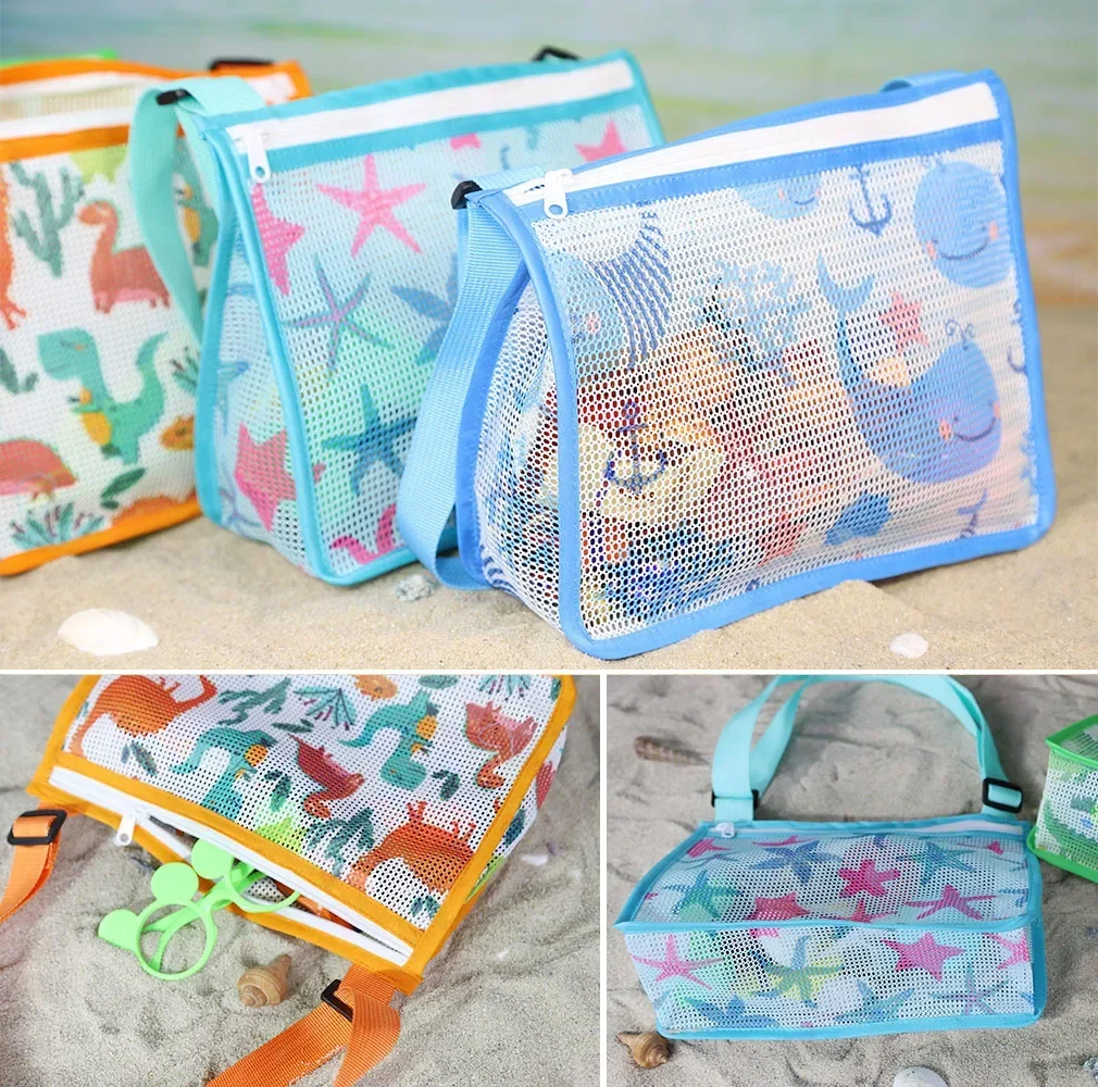 Mesh Beach Bag for Kids Toy Organizer Net Zipper Adjustable Shoulder Strap Storage Pouch Child Shell Collecting Bag Round Bucket