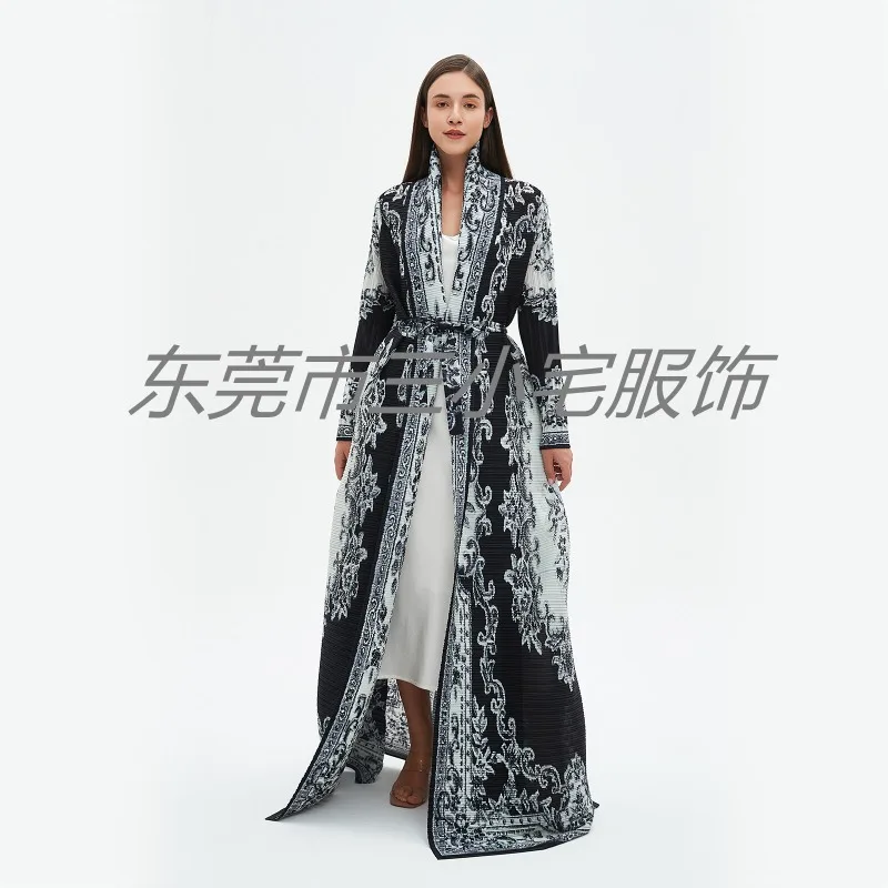 KAF Women Luxury Trench Coat Lapel Long Sleeve Vintage Printed Tie Design Loose Large Size Long Jacket 2024 New Arabian Abaya