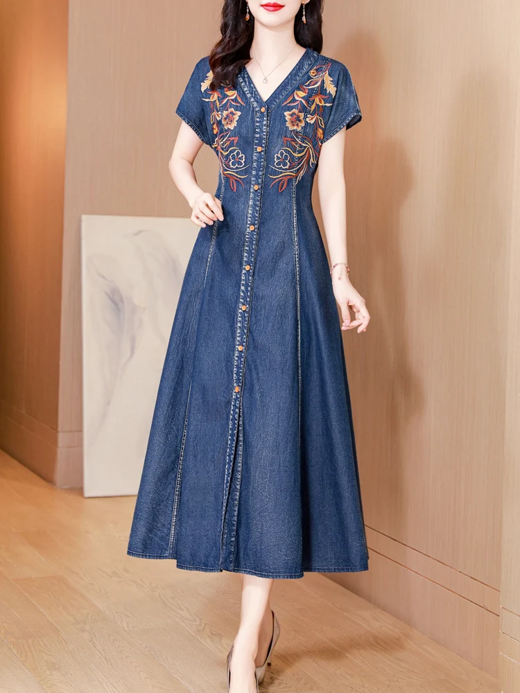 TIYIHAILEY New Free Shipping Long Mid-Calf Short Sleeve Summer Denim M-3XL Chinese Style Single Breasted Embroidery V-Neck Dress