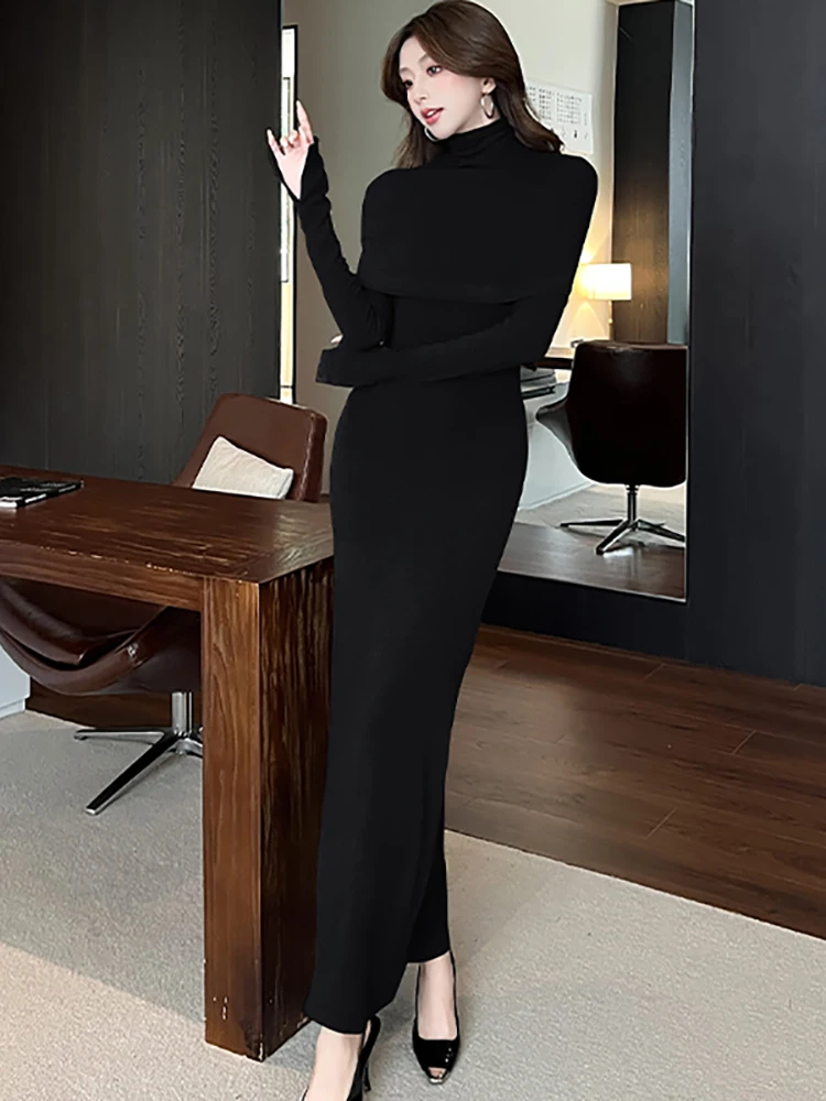 

2025 Black Knitted Patchwork Turtleneck Sweater Dress Women Korean Vintage Luxury Evening Dress Autumn Winter Korean Party Dress