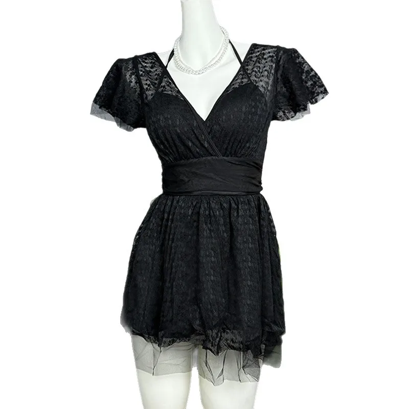 costumi da bagno sexy con stampa in pizzo moda coreana un pezzo halter profondo scollo a V manica corta mini abito culottes bikini costumi da bagno imbottiti