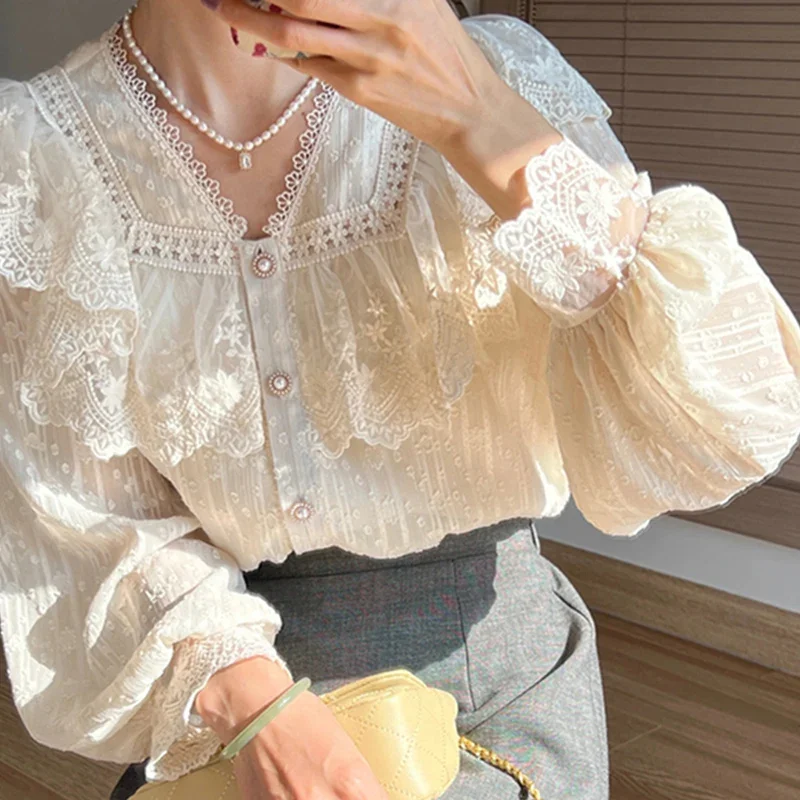 Vintage French Shirts Women Elegant Lace Long Sleeve Flounce Blouse Female Sweet High Quality Office Lady Fashion Tops Mujer New