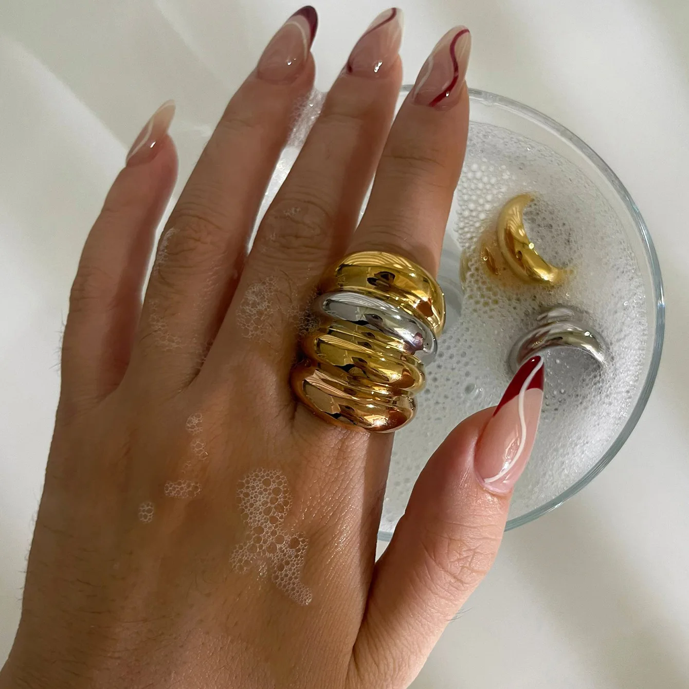 HANGZHI Punk Stainless Steel Four Layers Wide Chunky Curved Ring Irregular Personality Retro Simplicity Geometric Jewelry New