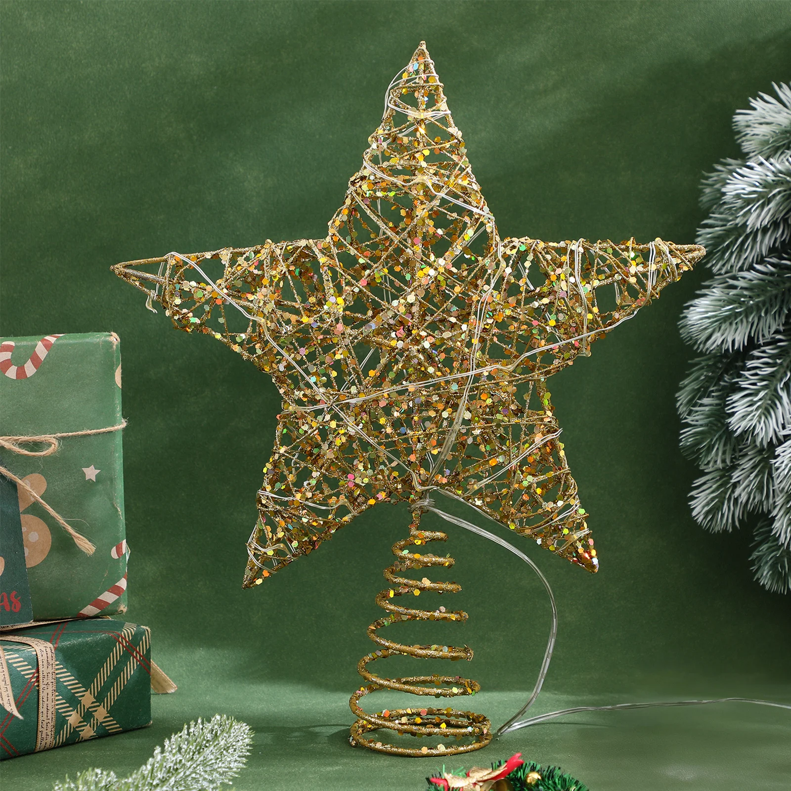 

Gold Treetop Star Shaped Lamp 20 Warm White LED Lights Christmas Tree Topper Rustproof Iron Spring Base Easy Install