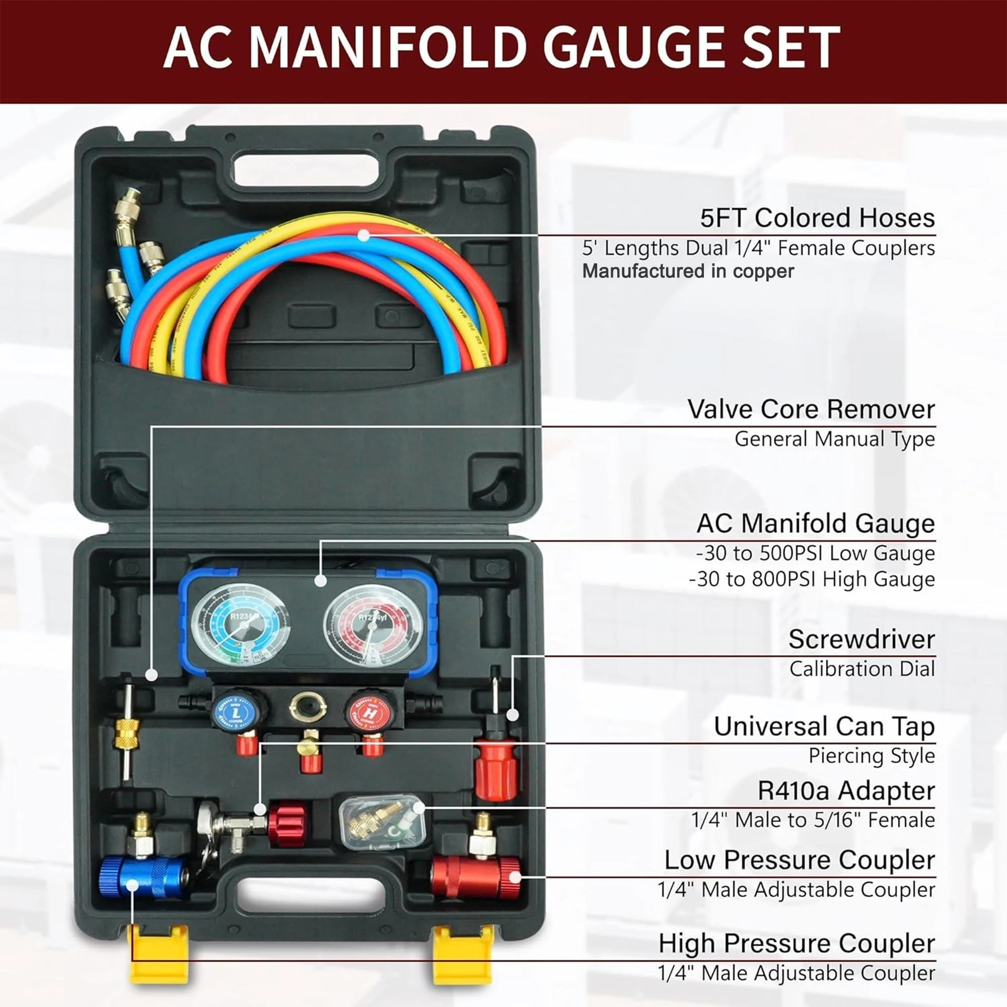 

Professional R1234yf AC Manifold Gauge Set with 5ft Copper Hoses, Anti-Burst Dual Gauges (-30~800PSI) & Universal Adapters