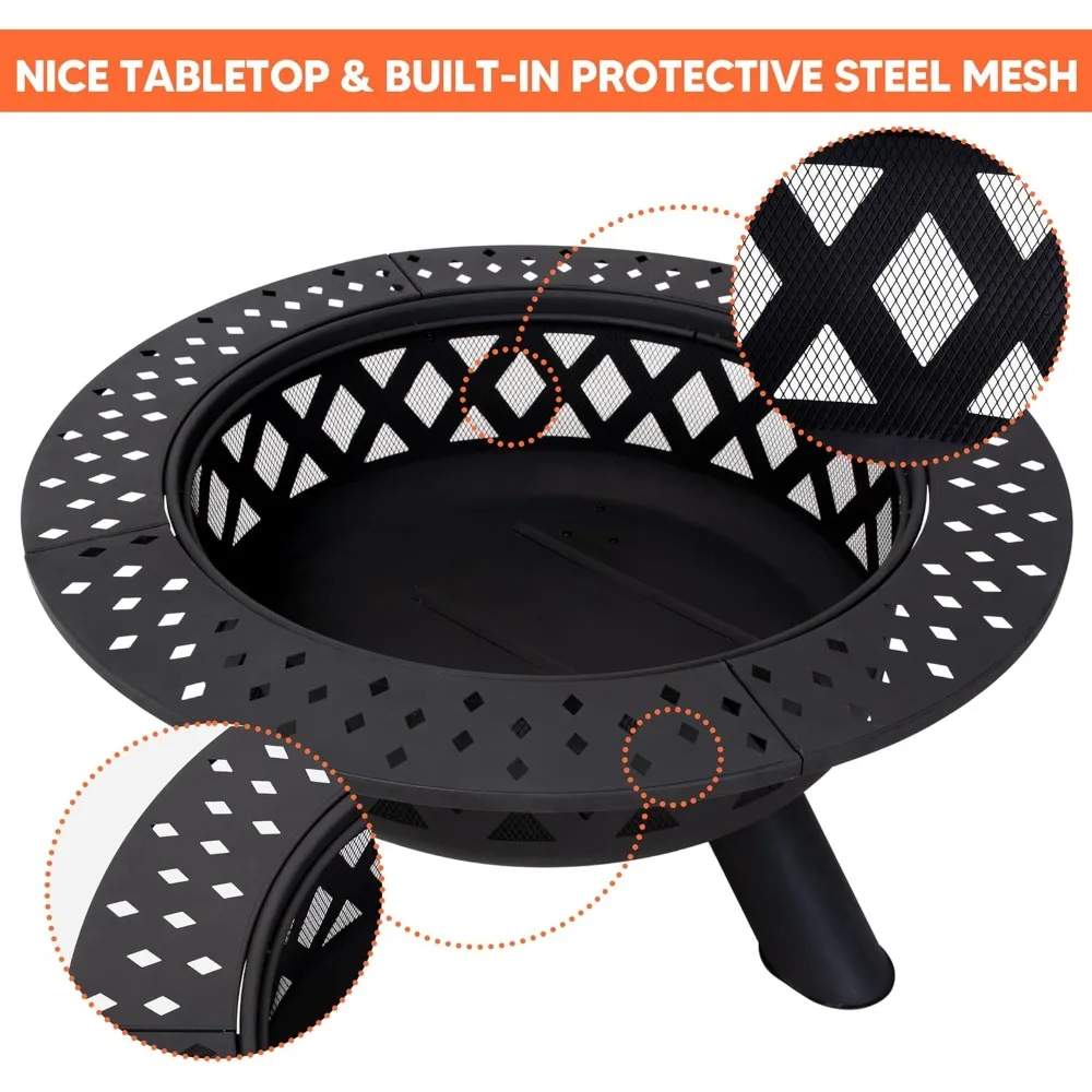 حفرة نار كبيرة مستديرة لحرق الخشب في الهواء الطلق مع سطح طاولة أوسع، وشاشة شرارة، وبوكر النار، ونمط فومبس #4