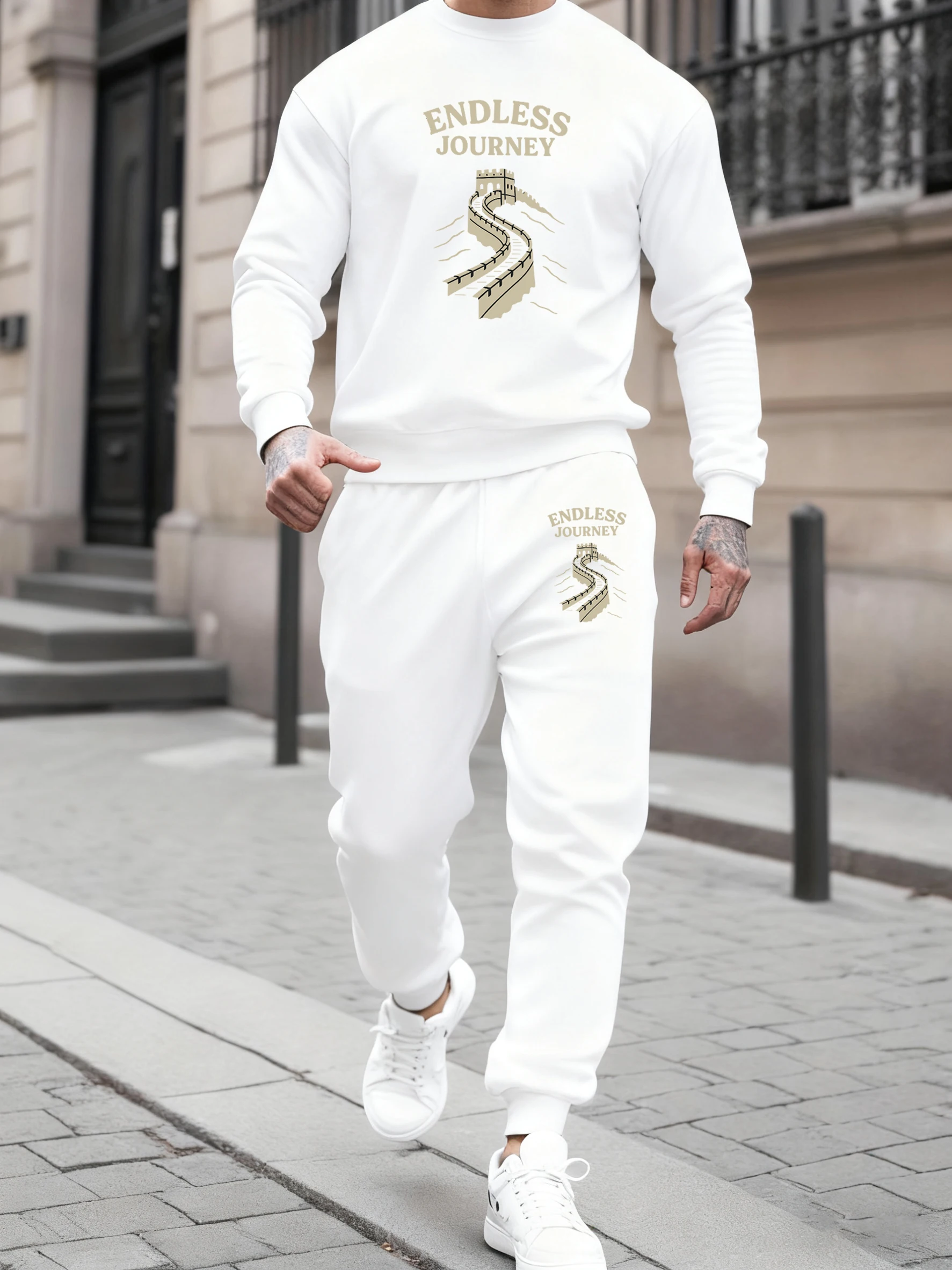 

Endless Journey The Great Wall Printed Fleece Winter Sportswears Pants Suit Man'S Simple Fashion Trousers Basics Jogging Hoody