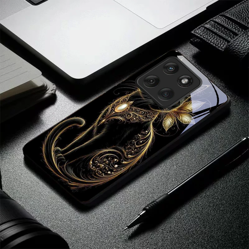 Mystic Golden Pearl Cat Black Glass Phone Case For Motorola Moto Edge 60 70 20 Lite 30 Pro 40 50 Ultra X30 Pro G14 G75 G84 Cover view 2