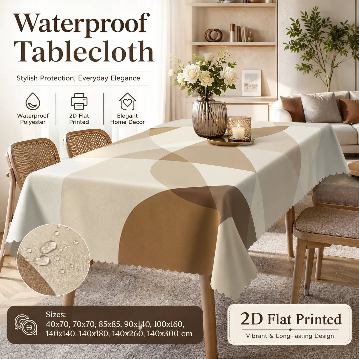 

Minimalist Brown Tone Tablecloth Waterproof Polyester 2D Flat Printed Table Cover For Wedding Party Dining Table Decor
